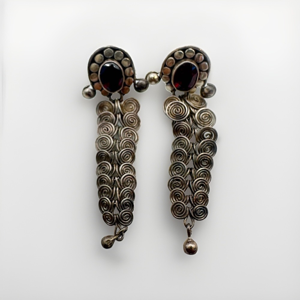 Vintage 925 Sterling Silver Garnet Filigree Tassel Dangle Earrings Wire Spiral
